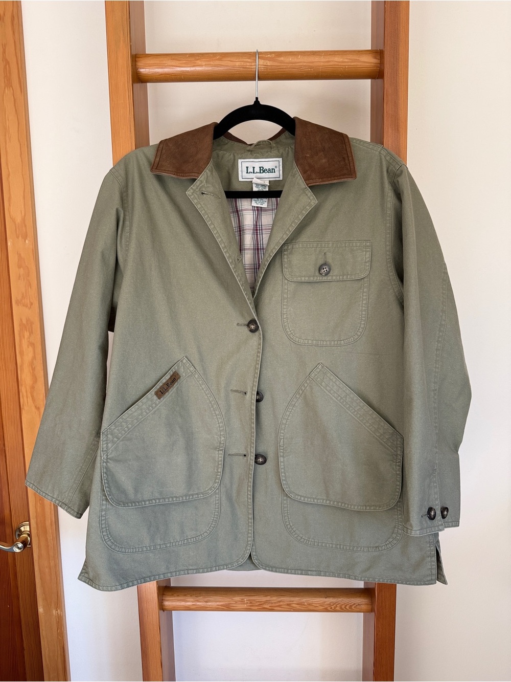 LL Bean Vintage Leather Collar Barn Jacket Olive Small Petite Cottagecore